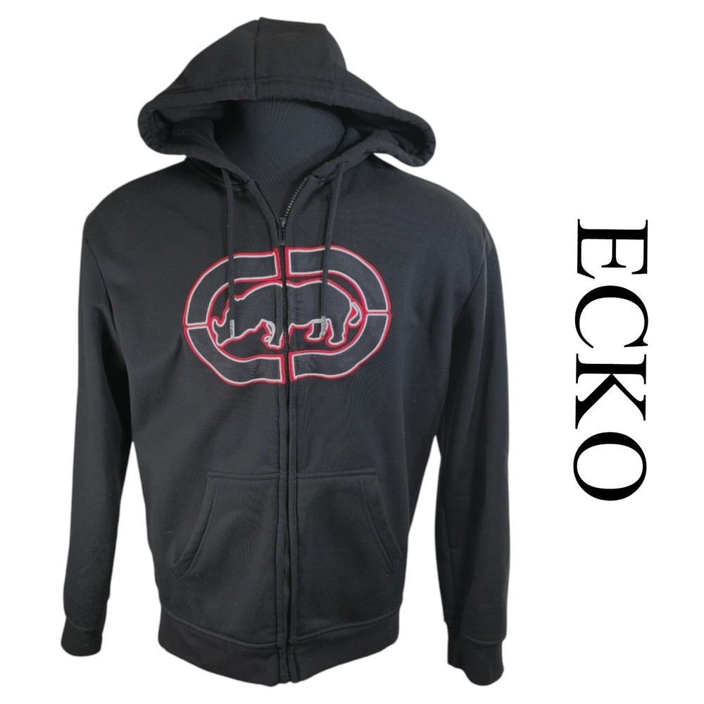 Ecko Unltd‎ Mens Large Black Full Zip Hoodie Rhino Logo Graphic Streetwear L